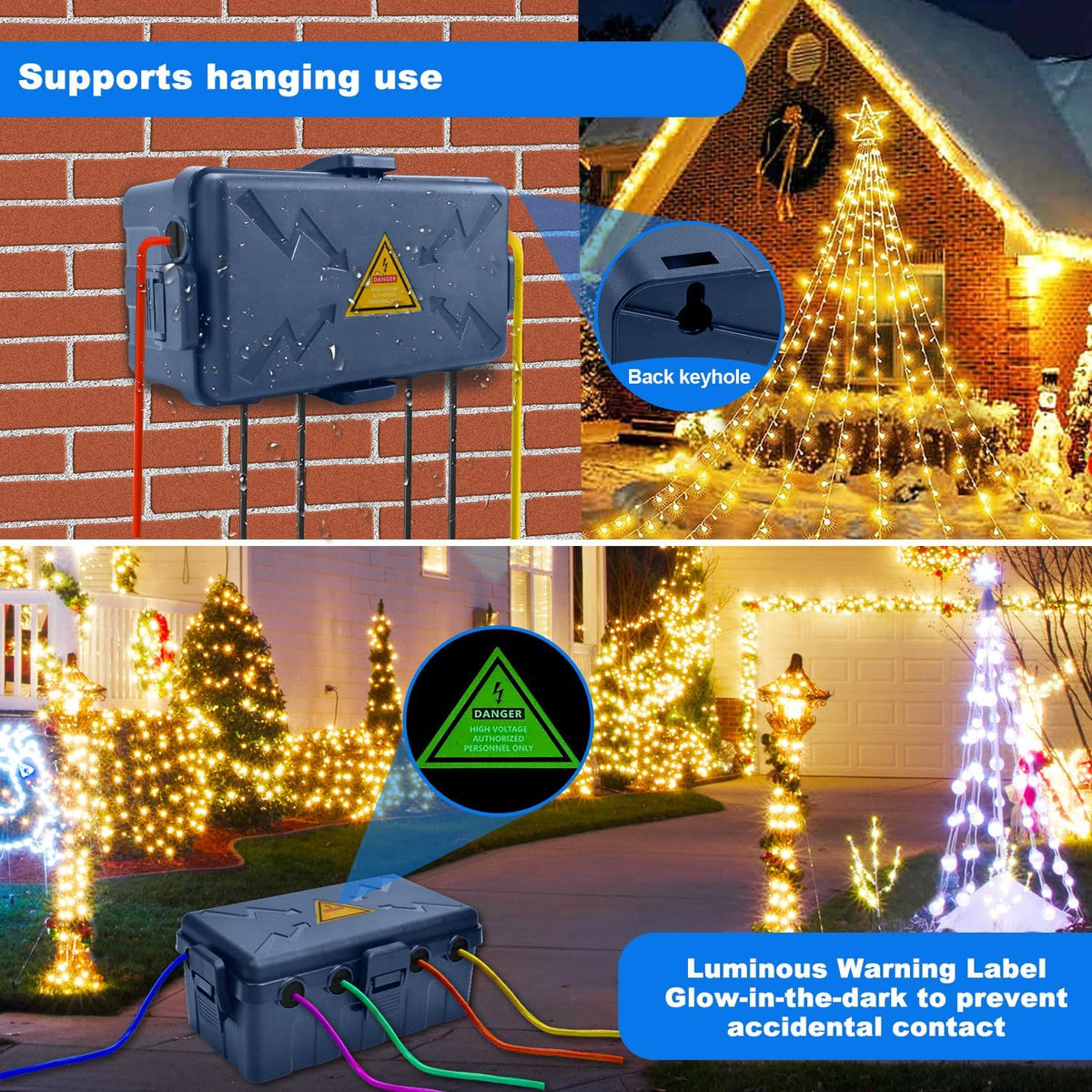 Hrensaw Medium Outdoor Electrical Box(10.6x5.5x4.5inch),Weatherproof Connection Box w/6 Cable Entry,IP54 Waterproof Cord Cover Protect Power Strip,Timer,Plug,Holiday Lights,Premium Gray