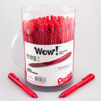Pentel WOW! Ballpoint Pen, (1.0mm) Medium Line, Red Ink, Pack of 60, Canister (BK440PC60B)