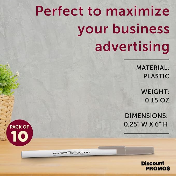 DISCOUNT PROMOS Custom Value Stick Pens Set of 10, Personalized Bulk Pack - Black Ink, Great for Office, School, Business, Tradeshows, Events - Grey