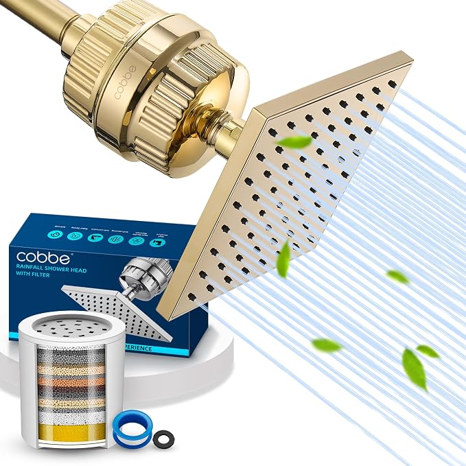 Cobbe High Pressure Filtered Shower Head Combo, Rain Shower Head with 20 Stage Shower Head Filter for Hard Water - Adjustable Replacement Remove Chlorine and Harmful Substances, Gold