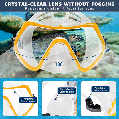 ZEEPORTE Mask Fin Snorkel Set, Travel Size Snorkeling Gear for Adults with Panoramic View Anti-Fog Mask, Trek Fins, Dry Top Snorkel and Gear Bag for Swimming Training, Snorkeling Kit Diving Packages