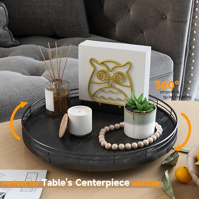 13" Oak Bathroom Vanity Tray Turntable for Perfume Candle, Round Wooden Decorative Tray for Kitchen Sink Countertop Organizer, Bathroom Counter Organizer for Skincare Makeup, Farmhouse Black Gold