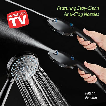 AquaCare High Pressure 8-mode Handheld Shower Head - Anti-clog Nozzles, Built-in Power Wash to Clean Tub, Tile & Pets, Extra Long 6 ft. Stainless Steel Hose, Wall & Overhead Brackets