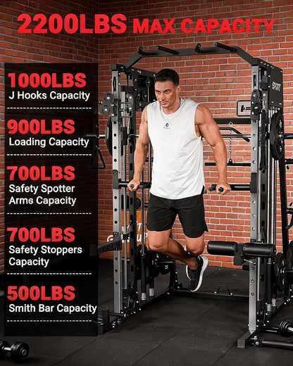 Garvee Smith Machine Home Gym, 2200LBS Power Cage Squat Rack with Smith Bar | With Cable Crossover, LAT Pull-Down & Leg Hold-Down - Multi-Functional Strength Training Equipment for Home, Red