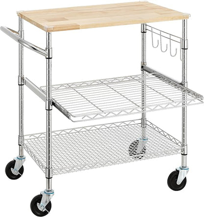Finnhomy 3-Tier Rolling Kitchen Cart With 18" D x 30" W Oak Wood Tabletop, Kitchen Island With 4" Wheels and Slider Shelf, Microwave & Coffee Cart With Hooks for Dining Room, Chrome