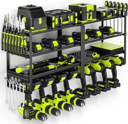 33" W Large Power Tool Organizer Wall Mount Loads 400 lbs, Heavy Duty 8 Drills Holder, 4-Tier Cordless Tool Battery Storage Shelf, Utility Racks for Garage Workshop Shed, Gifts for Men Husband
