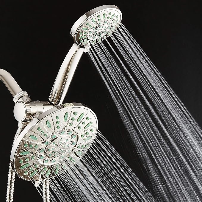 AquaDance Antimicrobial/Anti-Clog High-Pressure 30-setting Rainfall Shower Combo, Microban Nozzle Protection from Growth of Mold, Mildew & Bacteria, Brushed Nickel Finish/Coral Green Jets