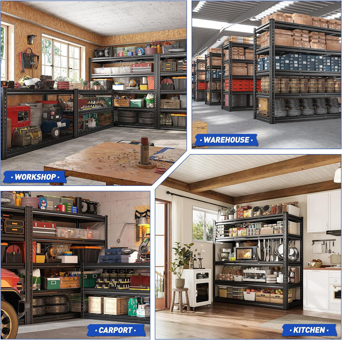 REIBII 48" W Garage Shelves, 5-Tier Garage Shelving Load 2750LBS, Adjustable Metal Storage Shelves, Wire Shelving for Basement, Warehouse, Workshop, Kitchen, 48" W x 18" D x 72" H