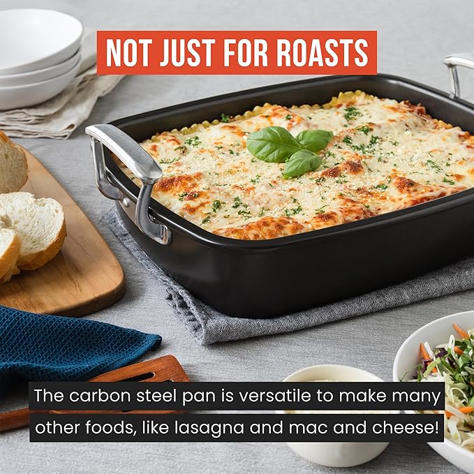 Chef Pomodoro Deluxe Large Carbon Steel Roasting Pan with U-Rack, 18.5 x 14.5-In (47 x 37 cm), Extra-Large, Grey – The Ultimate Solution for Flawless Roasts, BBQs, and Oven-to-Table Entertaining