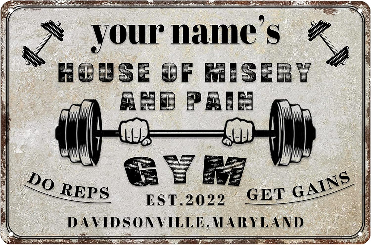 Custom Gym Sign Wall Art Decor Personalized Name Aluminum Metal Sign Retro Workout Room Fitness Center Tin Sign - house of misery and pain