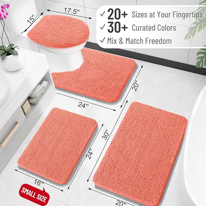 OLANLY Large Bathroom Rugs 45x27, Extra Soft Absorbent Chenille Bath Rugs, Rubber Backing Quick Dry, Machine Washable Bath Mats for Bathroom Floor, Tub and Shower, Home Decor Accessories, Coral