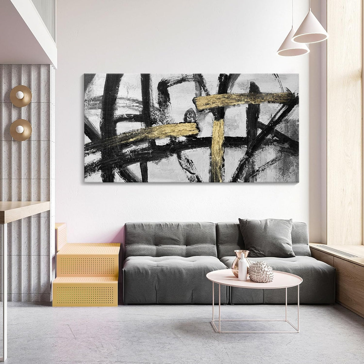 Abstract Living Room Wall Art - Large Black and White Gold Abstract Lines Bedroom Wall Decor Ink Dancing Canvas Prints Paintings for Dining Room Office Room Home Decor 29x58IN