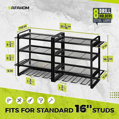KAFAHOM Power Tool Organizer Wall Mount, 4-Tier Drill Holder for Cordless Tools, 2-Pack Set, Garage Storage Rack with Side Hooks for Hammers & Pliers, Tool Organizer for Workshop/Utility Room