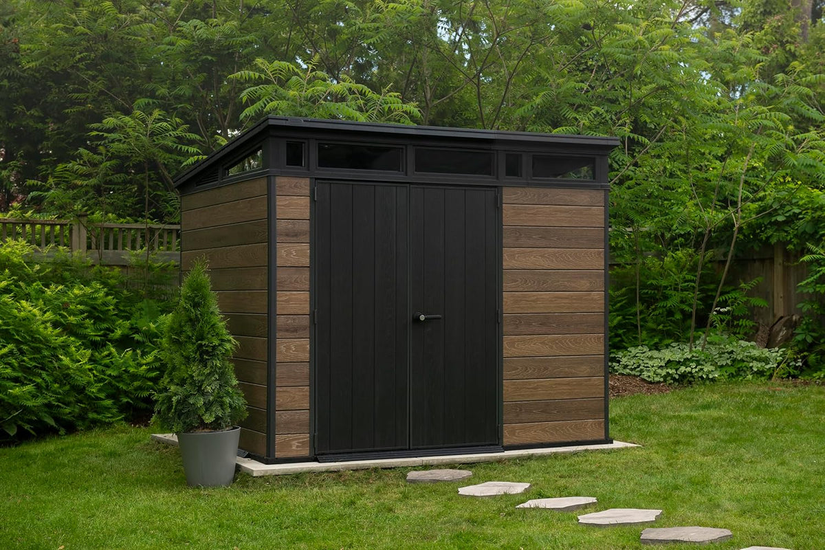 Keter Signature Collection 9x7 Ft All-Weather Storage Shed with Skylight, Window, Built-in Ventilation, Customizable Walls, & Lockable Double Doors, Walnut