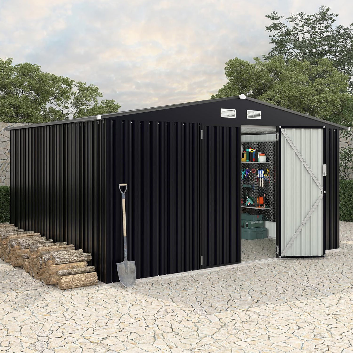 8x10 FT Metal Storage Sheds Outdoor, Metal Yard Sheds MetalGarden Shed Kit, MetalTool Shed with Lockable Door, Utility Buildings with Air Vent for Backyard Garden Patio Lawn