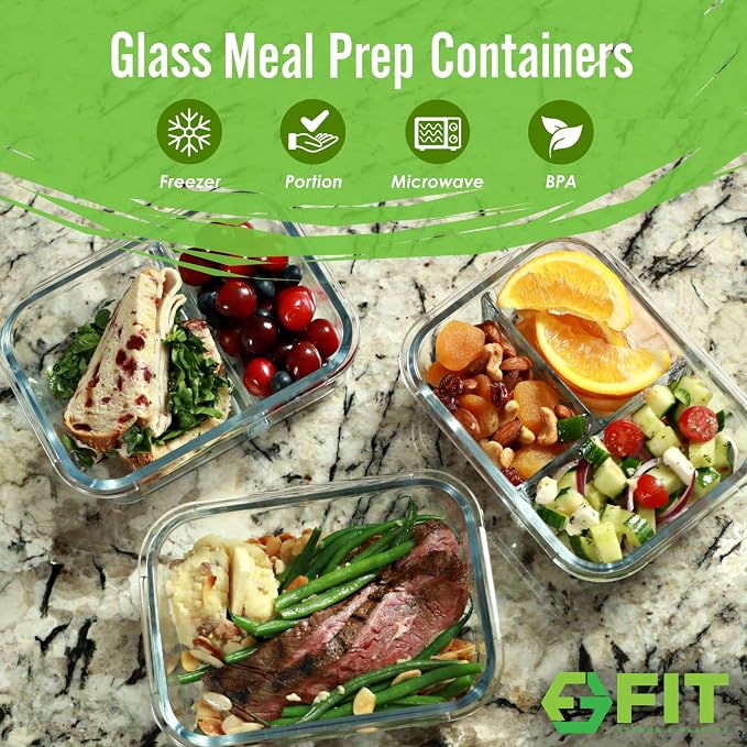 FIT Strong & Healthy Glass Meal Prep Containers with Lids, 1 & 2 & 3 Compartments – Portion Control Containers, Glass Lunch Box, Food Storage, Leak-Proof, Oven & Freezer Safe, 35 oz, Blue, 3 Pack