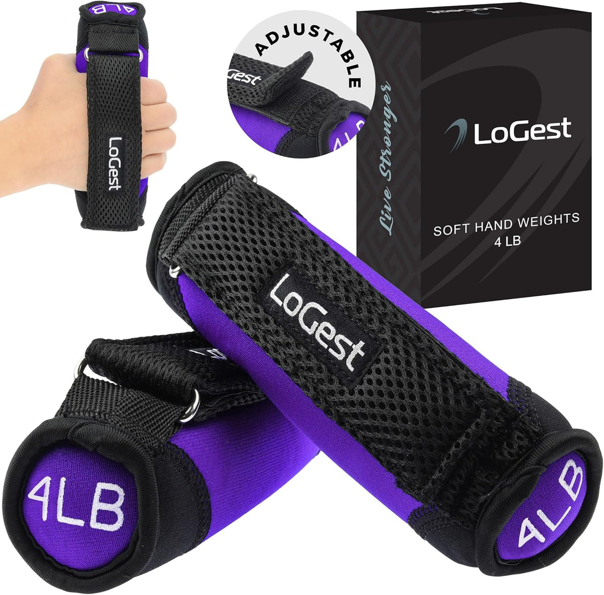 LoGest Soft Hand Weights Adjustable Straps - Comes in 1LB Weights or 2LB or 3LB 4LB - Comfortable & Secure Weighted Neoprene Dumbbells with Straps for Walking Running Cardio Workout Physical Therapy