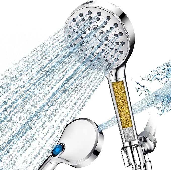 BRIGHT SHOWERS Filtered Shower Head with Handheld, High Pressure 9 Spray Mode Showerhead with Long Hose and Bracket, Water Softener Filters Beads for Hard Water - Removes Chlorine, Chrome