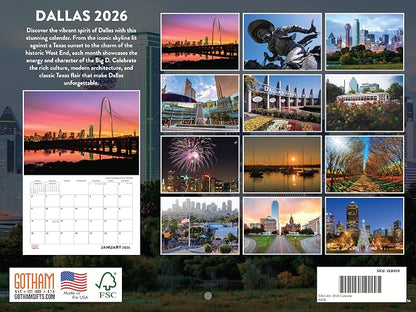 Dallas Calendar 2026 Wall 12 Month Monthly TX Scenic Souvenirs Texan Themed Gifts | American Made In The USA