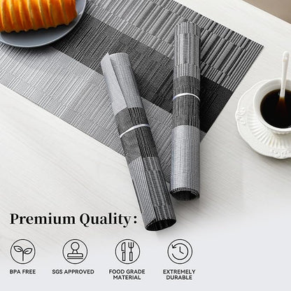 Leetaltree Grey with White Striped Placemats Set of 6 - Heat Resistant Non-Slip Place mats for Dining Table, Washable Durable PVC Vinyl Woven Table Mats（Grey Stripe, 6）