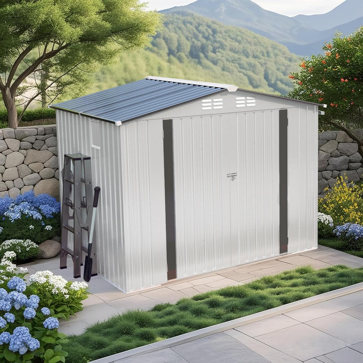 ARMSET 8x6 FT Metal Outdoor Storage Shed for Backyard, Patio, and Garden - Heavy Duty Tool Shed with Lockable Door & Side Window, Waterproof Galvanized Steel Storage Building for Bike and Tool Storage