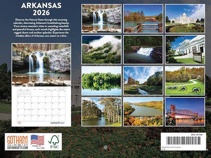 Arkansas Calendar 2026 Wall 12 Month Monthly AR Scenic Souvenirs Themed Gifts | American Made In The USA