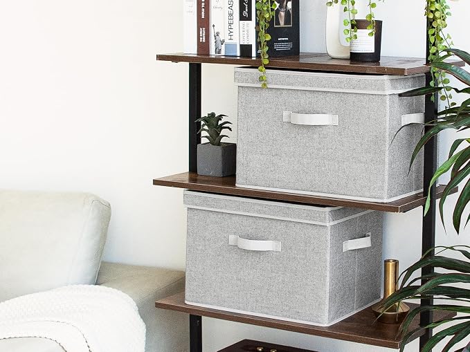 StorageWorks Fabric Storage Bins with Lid, Decorative Storage Boxes for Shelves, Stackable Closet Organizer Basket with Handles, Jumbo, Gray, 2-Pack