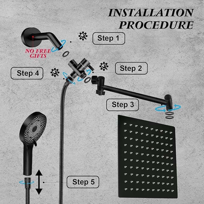 Shower Head,10”Rain Shower Head with Handheld Spray Combo with 11'' Angle Adjustable Extension Arm/Flow Regulator/Shower System,High Pressure Rainfall Shower Head Clean Bathroom,Matt Black