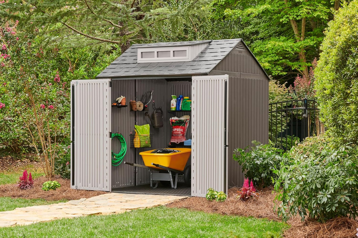 Rubbermaid Large Resin Outdoor Storage Shed With Floor (7 x 7 Ft.), Weather Resistant, Brown, Organization for Home/Lawn Mower/Backyard Equipment/Bike Storage/Pool Supplies