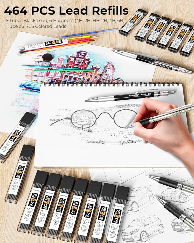 STAGEEK Mechanical Pencil Set with Canvas Bag 30 Count, Drawing Pencils 0.5, 0.7, 0.9MM & 3PCS 2MM Sketching Pencils with 464PCS Lead Refills (6B 4B 2B HB 2H 4H Color) for Artist Drafting Drawing