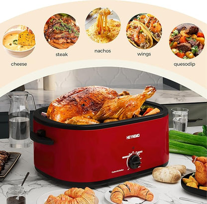 26 Quart Electric Roaster Oven with Visible & Self-Basting Lid, Large Turkey Roaster with Defrost Warm Function, Adjustable Temperature, Removable Pan Rack, Stainless Steel, Red