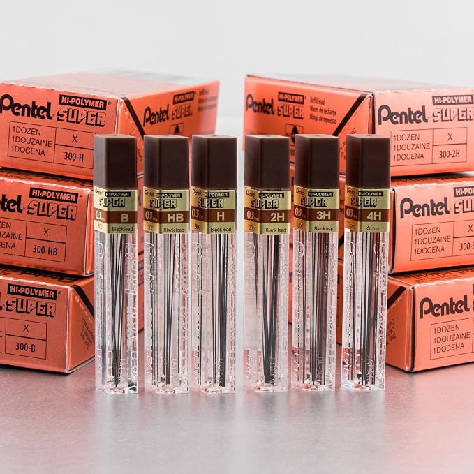 Pentel Super Hi-Polymer Lead, 0.3mm, Extra Fine, 3H, 12 Pcs/Tube, Box of 12 (300-3H)