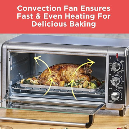 BLACK+DECKER TO3250XSBD 8-Slice Extra Wide Convection Countertop Toaster Oven, Includes Bake Pan, Broil Rack & Toasting Rack, Stainless Steel/Black