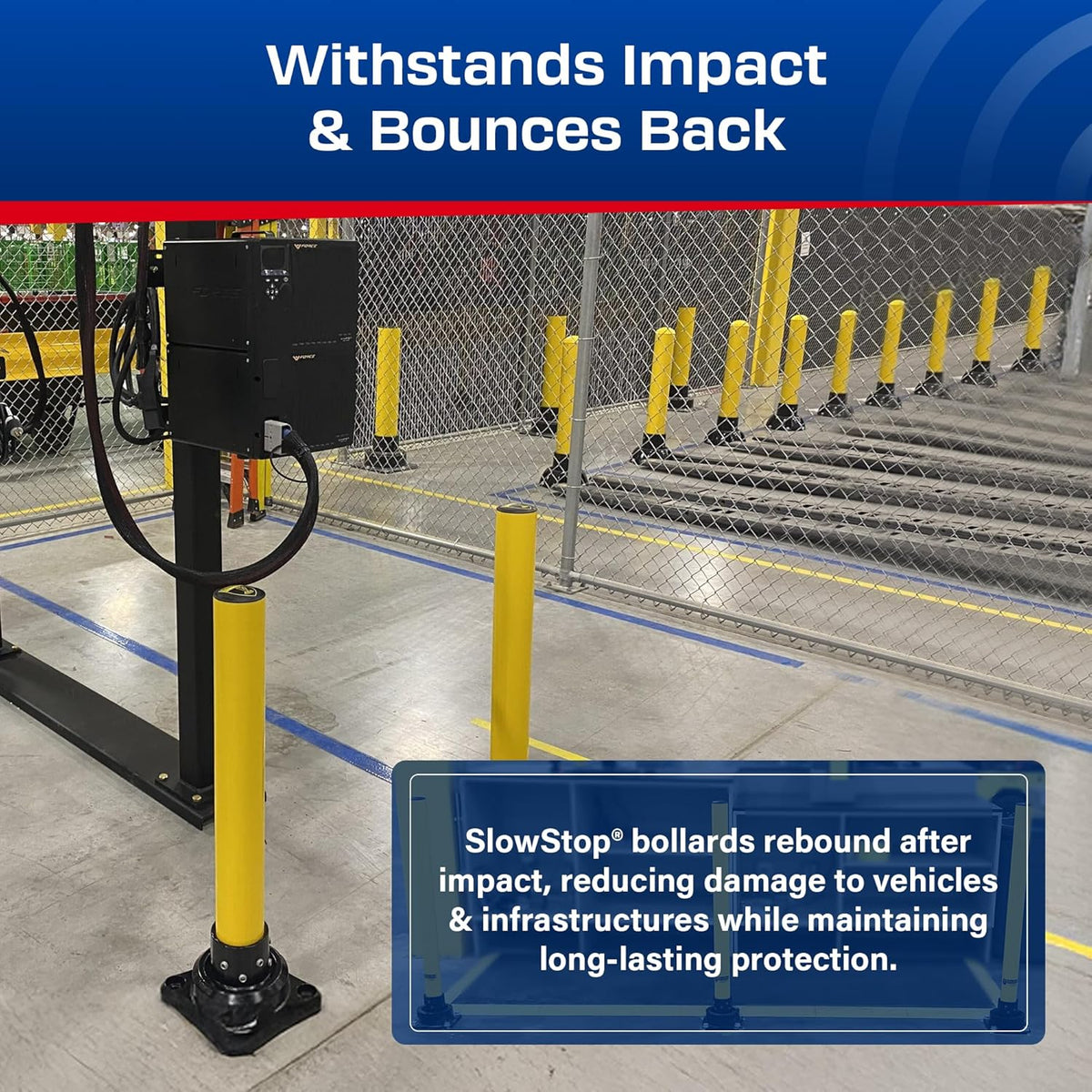 Impact Recovery - SlowStop Steel Rebounding Bollard - Metal Post - Safety Bollard - Made in the USA - 4" x 42"