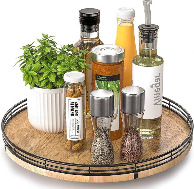 13" Lazy Susan Oak Wood Turntable Organizer for Cabinet, Farmhouse Round Wooden Lazy Susan Organization and Storage for Dining Table, Pantry, Kitchen, Bathroom, Countertop, Cupboard, Home Decor