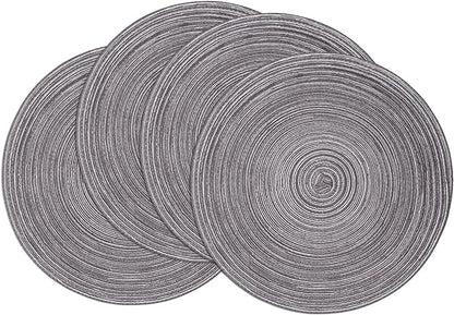 SHACOS Round Placemats Set of 4 Round Braided Placemats 15 inch Cotton Polyester Woven Table Placemats for Dining Table Holiday Party (Black Grey, 4)