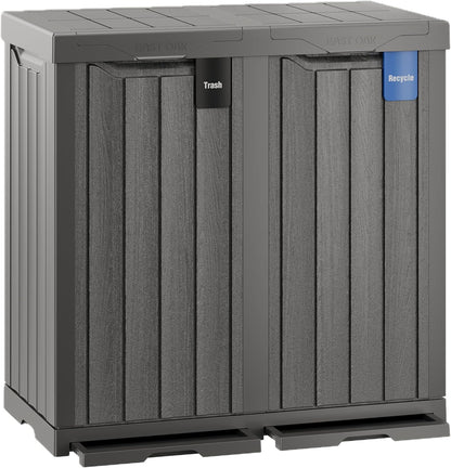 EAST OAK 62 Gallon Outdoor Trash Can | Waterproof Resin Garbage Can with Recycle and Garbage Labels | Secure Bag Lip Lock and Drip Tray | Outside Trash Bin for Patio | Kitchen, Backyard or Deck | Gray