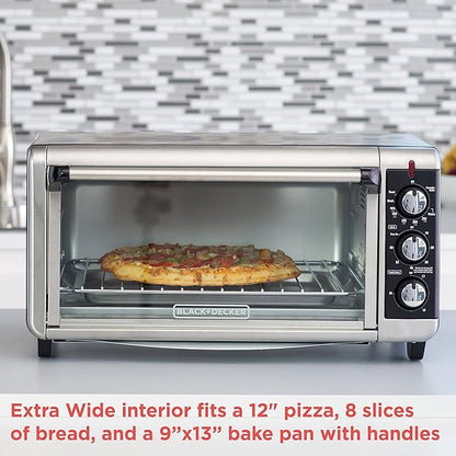 BLACK+DECKER TO3250XSBD 8-Slice Extra Wide Convection Countertop Toaster Oven, Includes Bake Pan, Broil Rack & Toasting Rack, Stainless Steel/Black