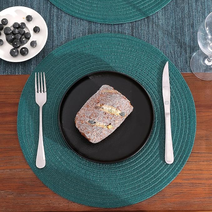 SHACOS Round Placemats Set of 4 Woven Braided Table Placemats 15 inch Circle Place Mats Washable Non Slip Table Mats for Home Wedding Party, Teal Green