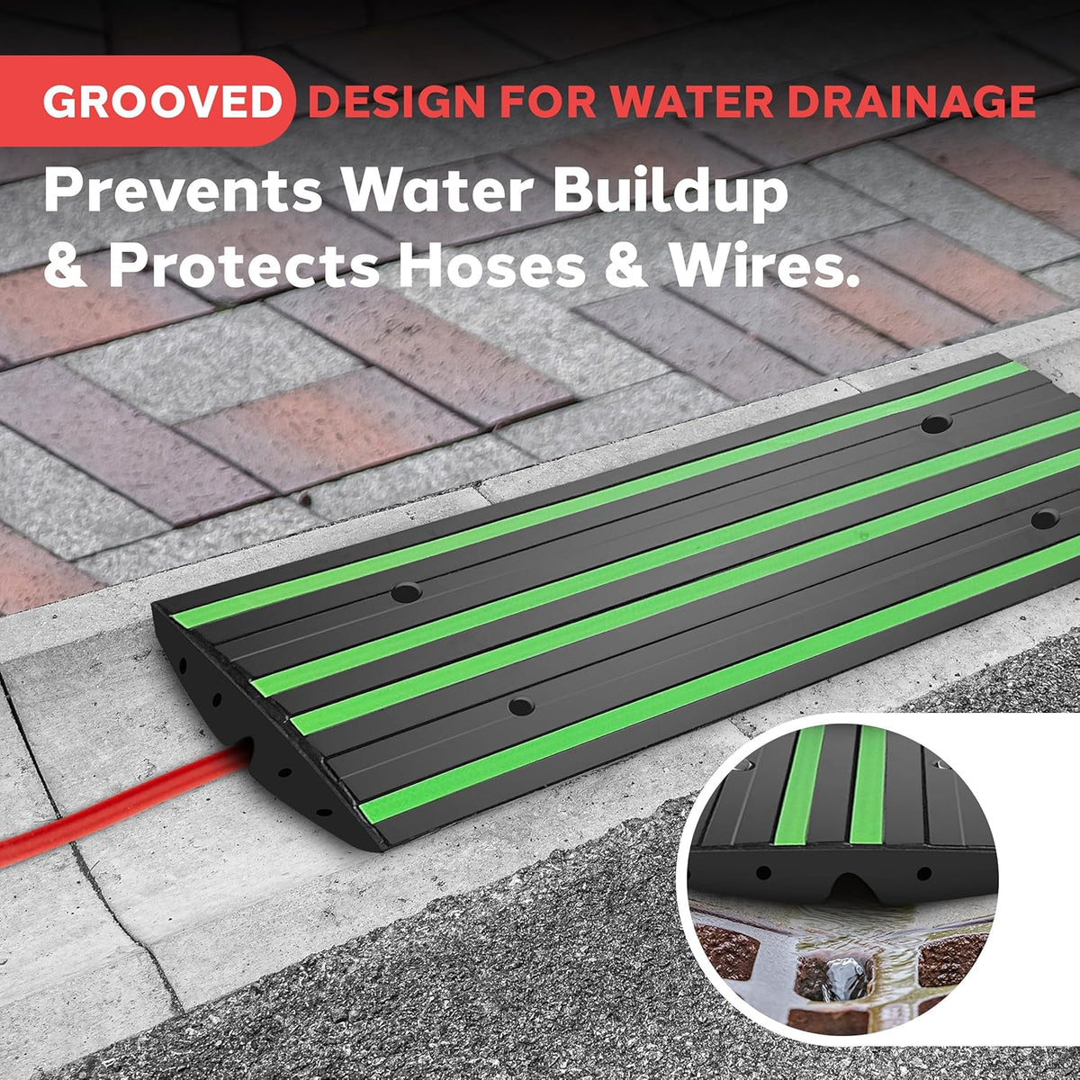 Pyle 4 ft. Rubber Threshold Curb Ramp, Heavy Duty, Non-Slip Car Ramp for Driveways, Garages, and Sidewalks, Green Reflective Strips, Waterproof, with Expansion Screws, 48.0’’x 16.0’’ x 2.6’’ Inch