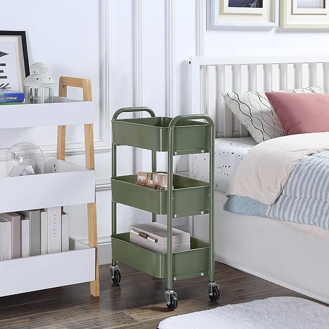 SunnyPoint 3-Tier Delicate Compact Rolling Metal Storage Organizer - Mobile Utility Cart Kitchen/Under Desk Cart with Caster Wheels - Army (15.35" X 10.24" X 26.8"H)