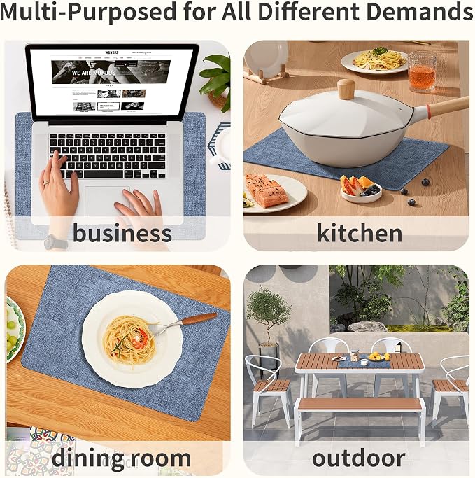 Maxpearl Set of 8 Faux Leather Table Placemats – Heat Resistant, Waterproof, Easy to Clean, Non-Slip Mats for Dining Table, Kitchen, Indoor & Outdoor, 17”x12”, Blue