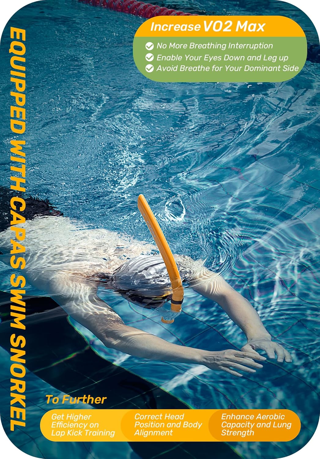CAPAS Training Swim Snorkel for Lap Swimming, Swivel Headband Ultimate Fit Center-Mount Swimmers Snorkel with Liquid Silicone Mouthpiece Adjustable Strap, Designed for Adult Men Women