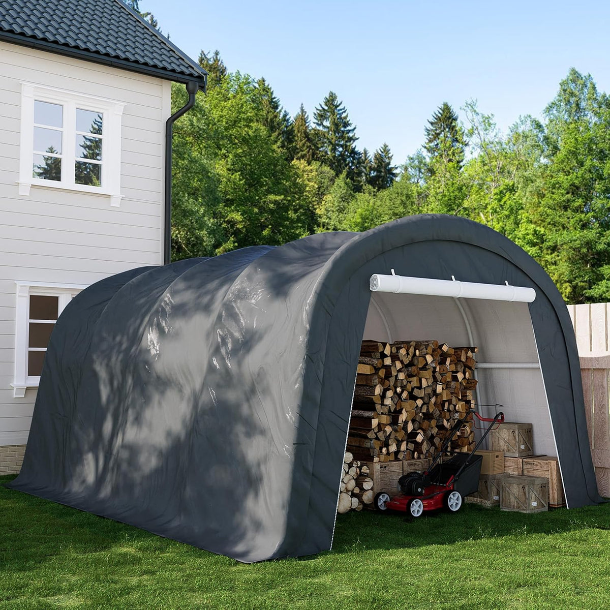 SUNBURY Carport, Round Portable Garage, Outdoor 13x20 ft Heavy Duty Carport, Tensioner and 2 Roll Up Doors Waterproof PE Fabric Car Port, Garage, Storage Shed, Tent for Storage, SUV, Grey