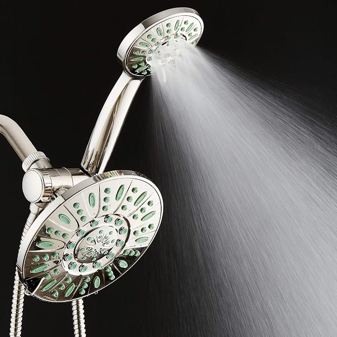 AquaDance Antimicrobial/Anti-Clog High-Pressure 30-setting Rainfall Shower Combo, Microban Nozzle Protection from Growth of Mold, Mildew & Bacteria, Brushed Nickel Finish/Coral Green Jets