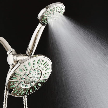AquaDance Antimicrobial/Anti-Clog High-Pressure 30-setting Rainfall Shower Combo, Microban Nozzle Protection from Growth of Mold, Mildew & Bacteria, Brushed Nickel Finish/Coral Green Jets