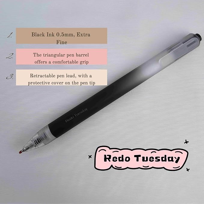 Fengtaiyuan Retractable Gel Pens, 0.5mm Bullet Point Fast Drying Black Ink, Frosted Gradient Triangular Ergonomic Barrel Writing Pens for School Exam Office Note Taking [Pack of 6]