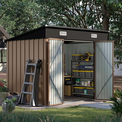 Aoxun 7.5x6 FT Outdoor Shed Metal Storage Shed with Single Slooping Roof Lockable Door Steel Utility Tool Shed Outdoor Waterproof Shed Garden Shed for Backyard Garden Patio Lawn, Brown
