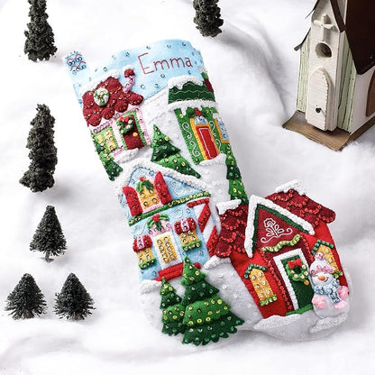 Bucilla Felt Applique 18" Stocking Making Kit, Christmas Town, Perfect for DIY Arts and Crafts, 89528E