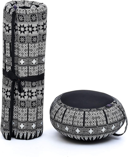 Leewadee Meditation Cushion Set – 1 Round Zafu Meditation Pillow and 1 Square Roll-Up Zabuton Meditation Mat, Pillows Bundle Filled with Kapok